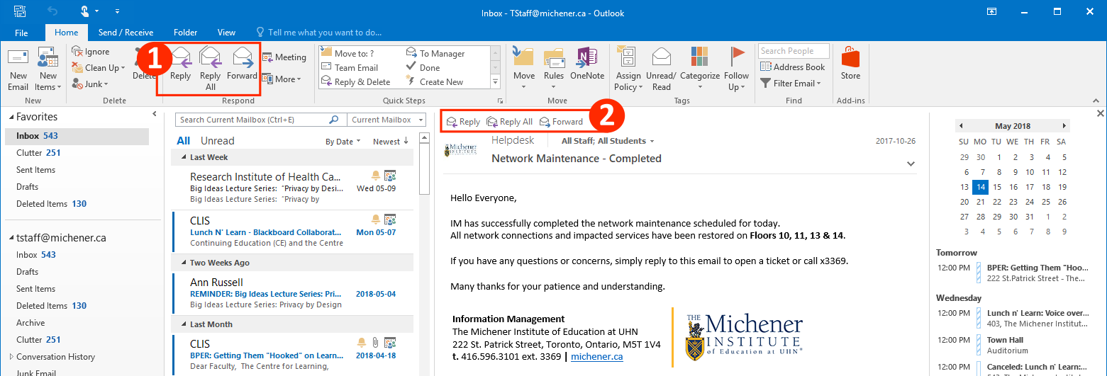 Outlook 2016 Basics The Michener Institute Helpdesk